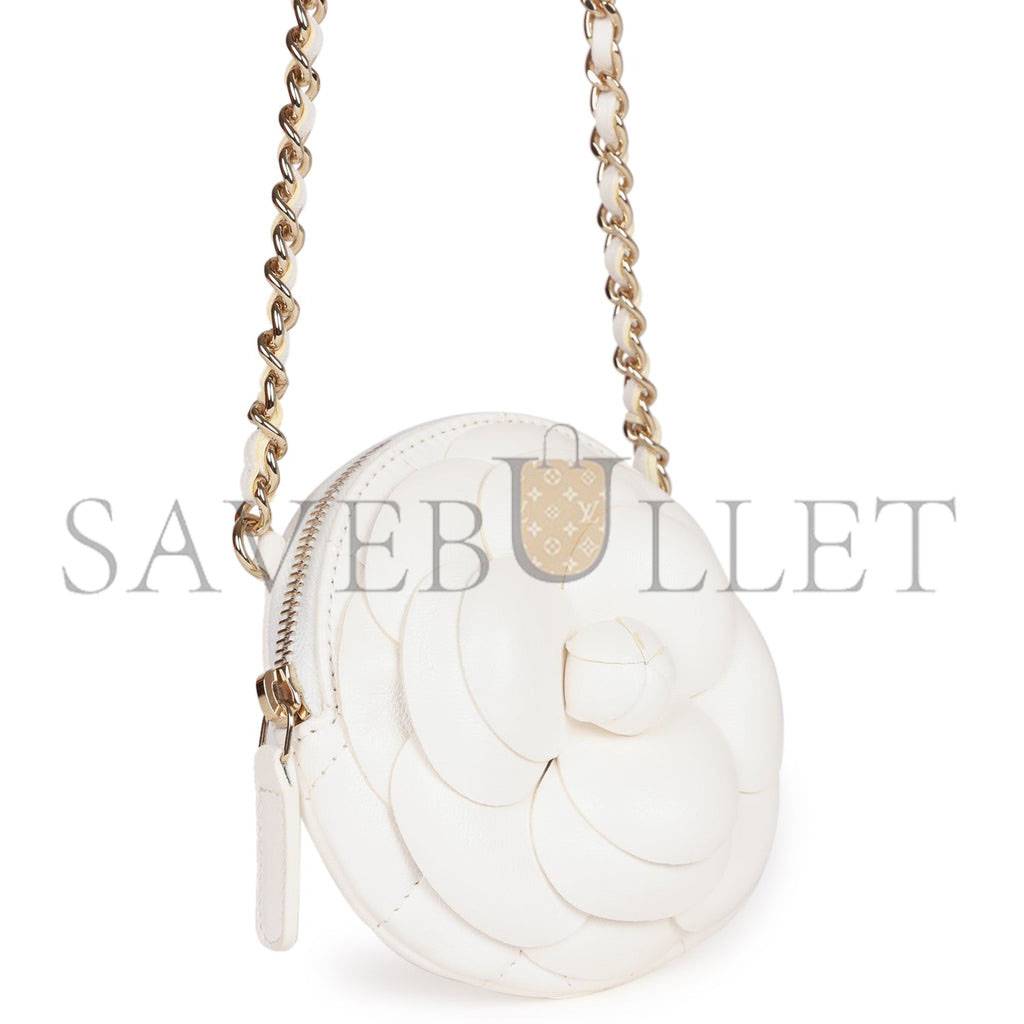 CHANEL CAMELLIA CLUTCH WITH CHAIN WHITE LAMBSKIN LIGHT GOLD HARDWARE (13*13*5cm) CHANEL CAMELLIA CLUTCH WITH CHAIN WHITE LAMBSKIN LIGHT GOLD HARDWARE (13*13*5cm)