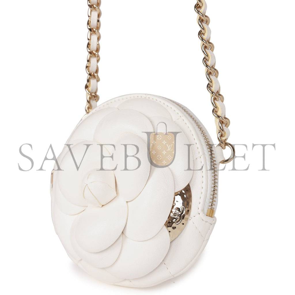 CHANEL CAMELLIA CLUTCH WITH CHAIN WHITE LAMBSKIN LIGHT GOLD HARDWARE (13*13*5cm) CHANEL CAMELLIA CLUTCH WITH CHAIN WHITE LAMBSKIN LIGHT GOLD HARDWARE (13*13*5cm)